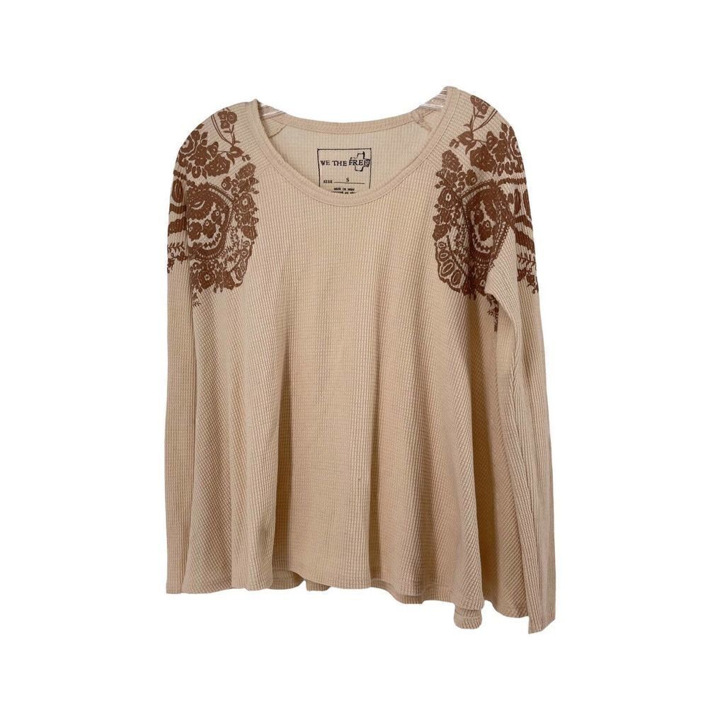 We The Free Thermal Top Waffle Knit Relaxed Bohemian Floral Cream Boat Neck S
